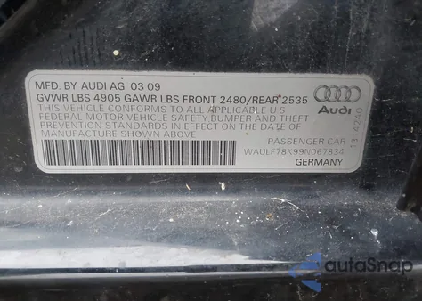 2009 Audi A4 2.0T Premium from USA, damaged, VIN WAULF78K99N067834